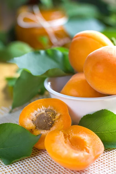 Fresh apricots on the sacking — Stock Photo, Image