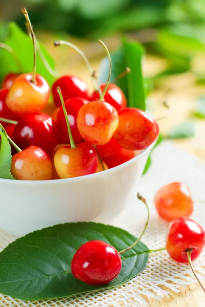 Wet sweet cherry on the white bowl and fresh green leaves — Stock Photo, Image