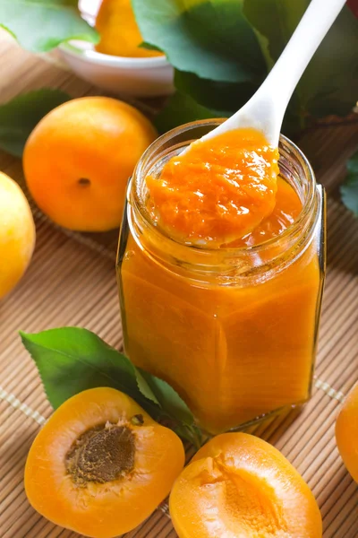 Meruňkový džem v jar a čerstvého ovoce s listy — Stock fotografie