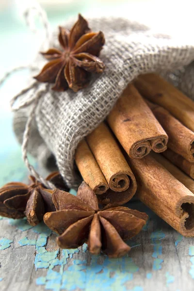 Cinnamon and anise in a small burlap sack — Stock Photo, Image