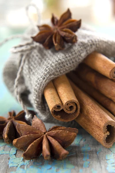 Cinnamon and anise in a small burlap sack Royalty Free Stock Images