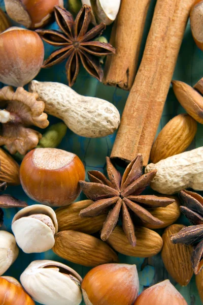 Ароматні спеції. Кориця, аніс, арахіс, мигдаль, кардамон, фундук на старовинній дерев'яній поверхні . — стокове фото