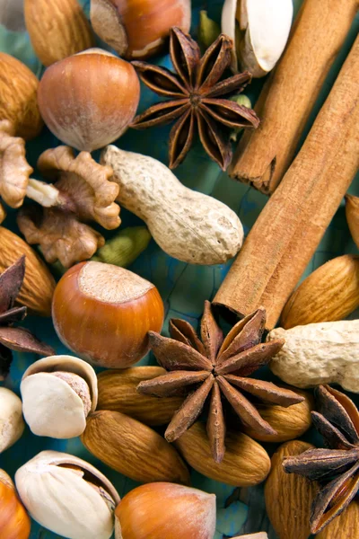 Aroma spices. Cinnamon, anise, peanuts, almonds, cardamom, hazelnuts on the vintage wooden surface. — Stock Photo, Image