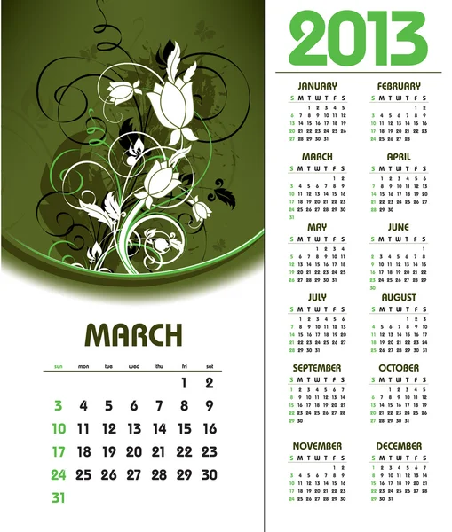 2013 Calendar. March. — Stock Vector