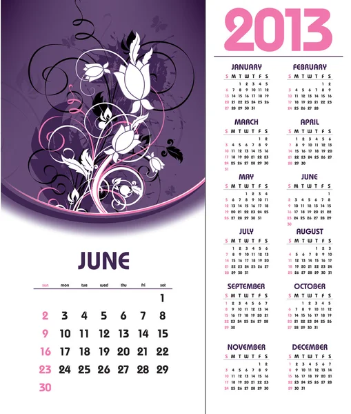 Calendário de 2013. Junho . — Vetor de Stock