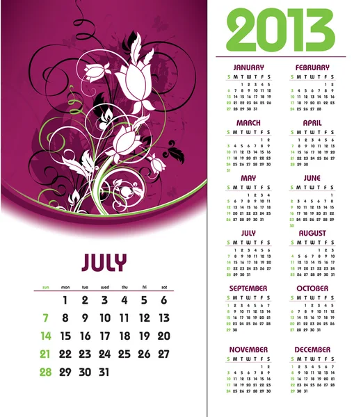 Calendario 2013. Julio . — Archivo Imágenes Vectoriales