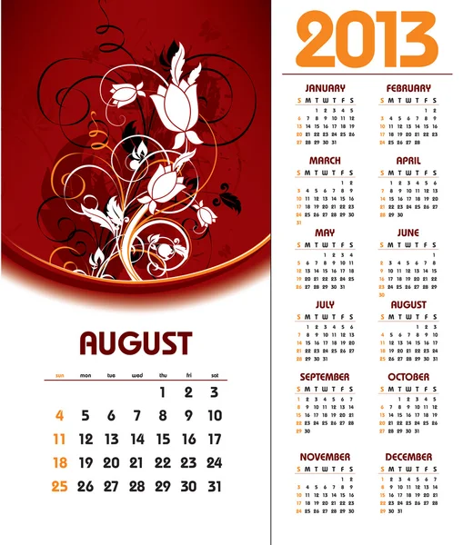 Календарь 2013 года. Август . — стоковый вектор