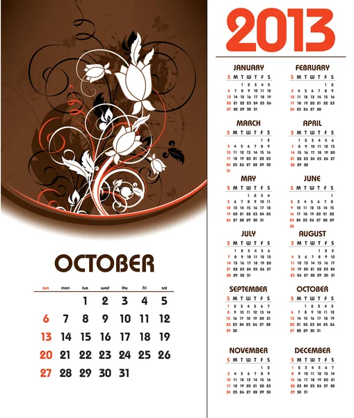 Calendário de 2013. Outubro . — Vetor de Stock