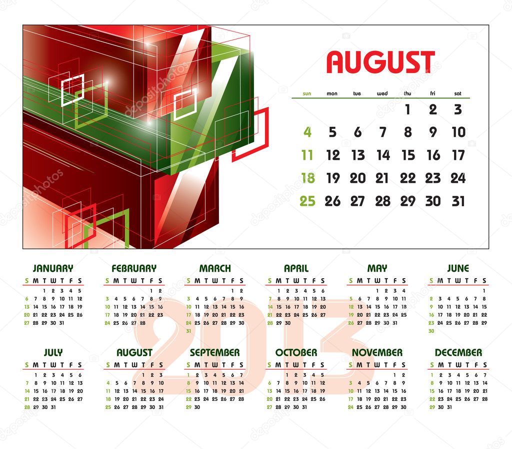 2013 Calendar. August.