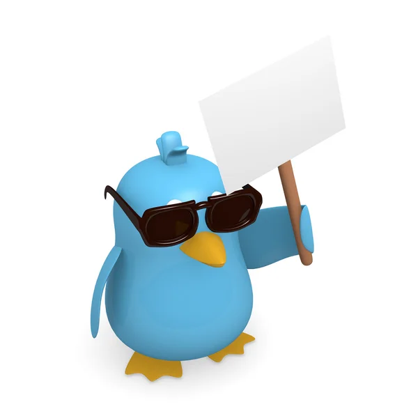 Oiseau bleu avec des lunettes de soleil et un panneau vierge — Photo