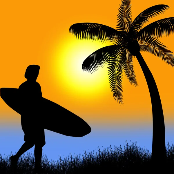 Surfer silhouette on tropical sunset — Stock Vector