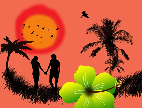 Lovers in a tropical landscape — Stock Vector