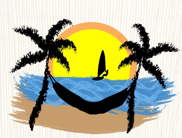 Palmiers, planche à voile et hamac sur place tropicale — Image vectorielle