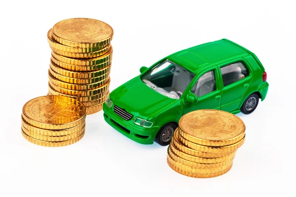 Modelo de coche y monedas. costes de coche — Foto de Stock