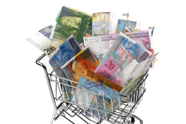 Ελβετικό Φράγκο τραπεζογραμμάτιο με καλάθι αγορών — Φωτογραφία Αρχείου