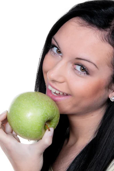 Vrouw met apple, fruit en vitaminen in dieet — Stockfoto