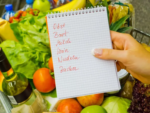Shopping list at the supermarket (german) — Stock Photo, Image