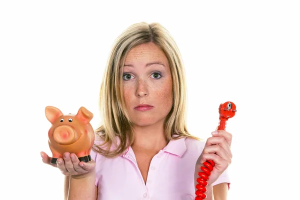 女人与猪存钱罐和电源插头 — 图库照片