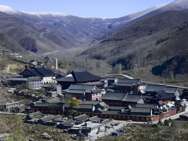 Panorama villages with Buddhist monasteries in the mountains in China