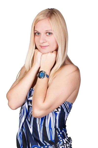 Stijlvolle blonde dame in een blauwe jurk — Stockfoto