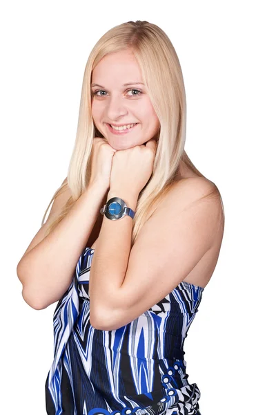 Elegant leende blond flicka i en klänning — Stockfoto
