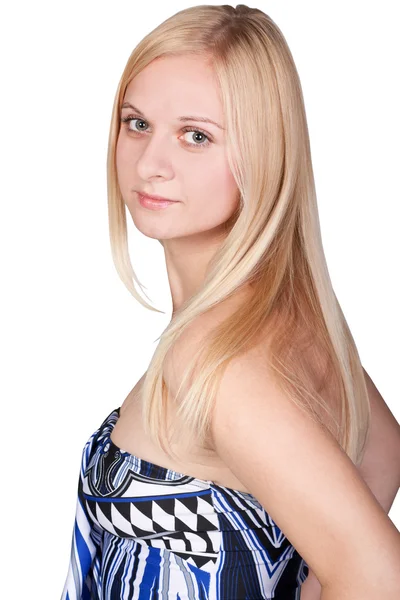 Jeune jolie fille blonde dans une robe bleue — Photo
