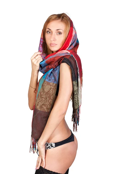 Elegant young lady in a colorful scarf — Stock Photo, Image