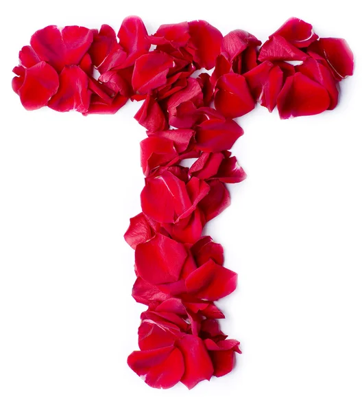 붉은 장미에서 만든 알파벳 T — 스톡 사진