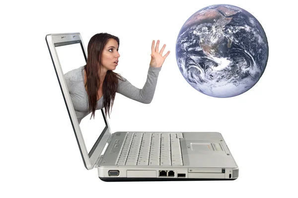 Attractive Brunette Reaching From a Laptop (2) — Stock Photo, Image