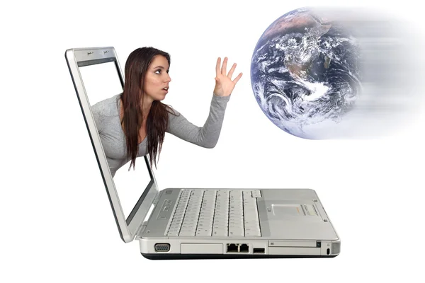 Attractive Brunette Reaching From a Laptop (3) — Stock Photo, Image