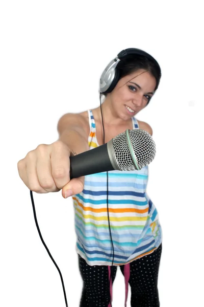 Attractive Brunette with Headphones and a Microphone (2) — Stock Photo, Image