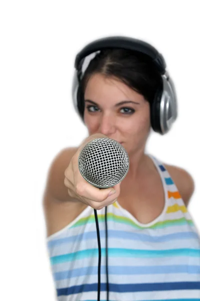 Atrakcyjny brunetka z słuchawek i mikrofonu (3) — Zdjęcie stockowe