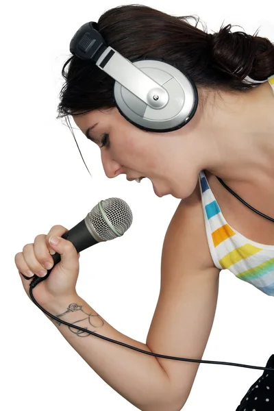Attractive Brunette with Headphones and a Microphone (5)