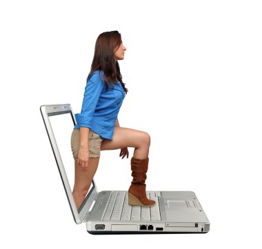 Beautiful Brunette Steps Out of a Laptop clipart