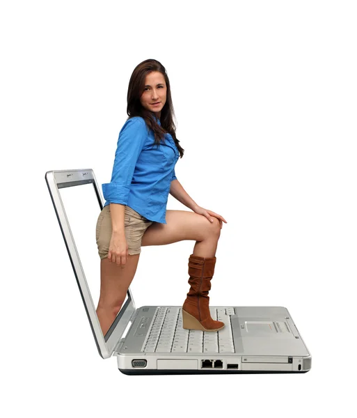 Beautiful Brunette Steps Out of a Laptop — Stock Photo, Image