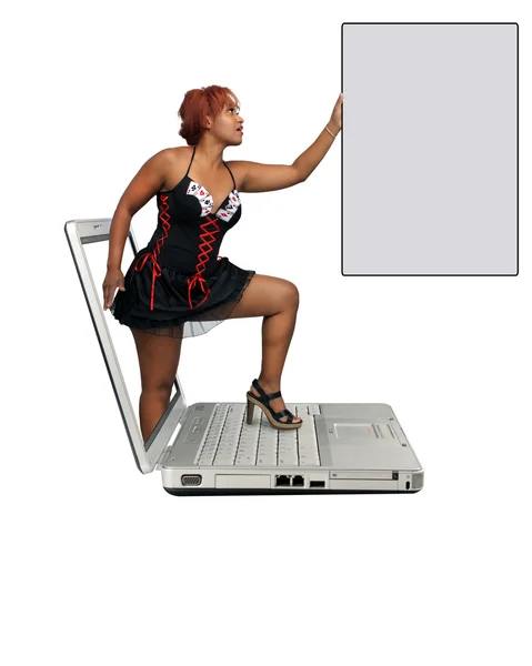 Beautiful Redhead Steps Out of a Laptop — Stok fotoğraf