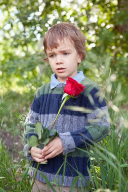 Sad little boy holding red rose in her hand, park clipart