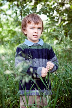 Elegant boy stands in grass, summer clipart