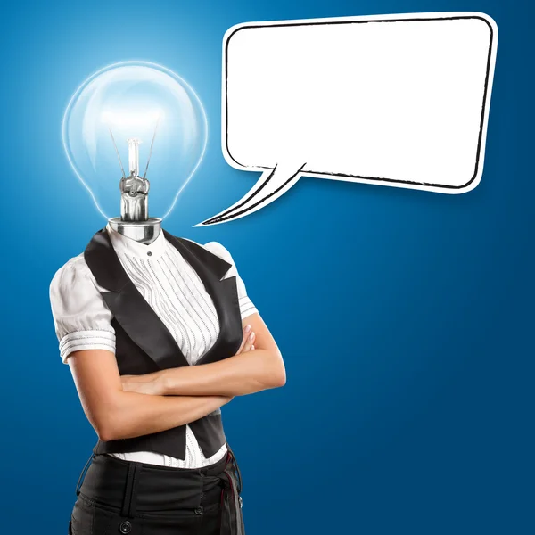 Lámpara cabeza mujer de negocios con burbuja de habla — Foto de Stock