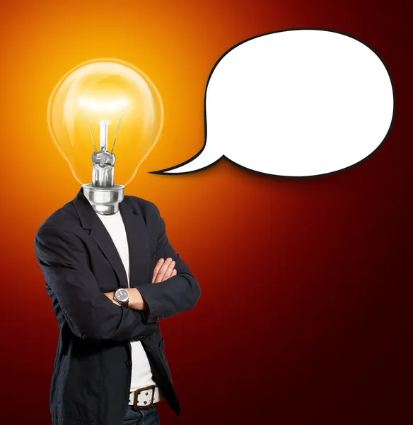Uomo d'affari testa della lampada con la bolla di discorso — Foto Stock
