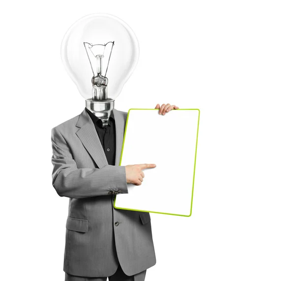Lamp Head Business Man With Empty Write Board — Stock Photo, Image