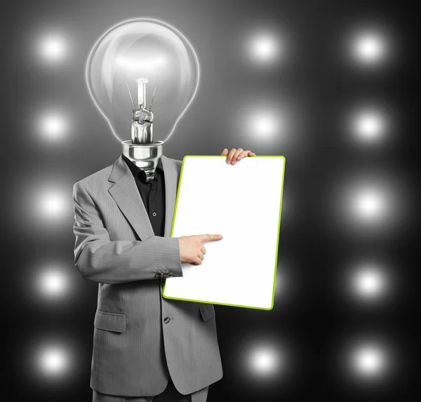 Lamp Head Business Man With Empty Write Board — Stock Photo, Image