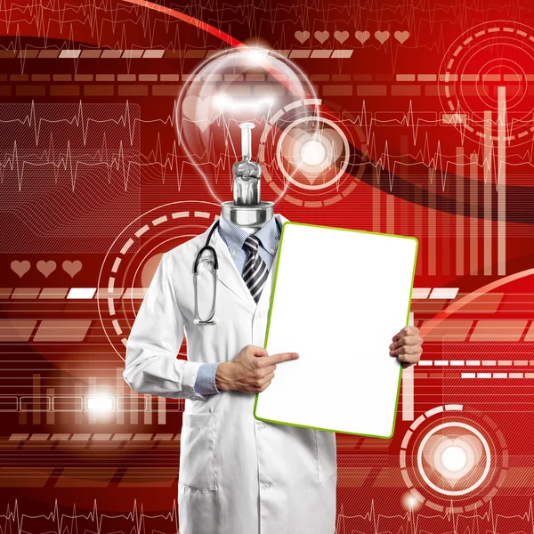 Lamp Head Doctor Man With Empty Board — Stock Photo, Image