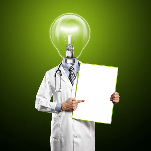 Lamp Head Doctor Man With Empty Board — Zdjęcie stockowe