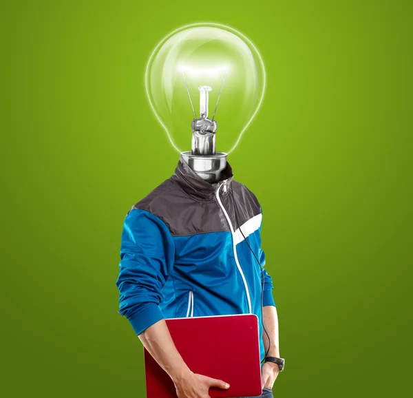 Lampa huvudet mannen med laptop — Stockfoto