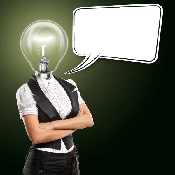 Lámpara cabeza mujer de negocios con burbuja de habla —  Fotos de Stock