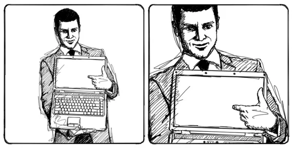 Disegno uomo d'affari con un computer portatile aperto nelle sue mani — Foto Stock