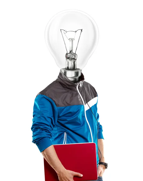 Hombre de cabeza de lámpara con ordenador portátil —  Fotos de Stock