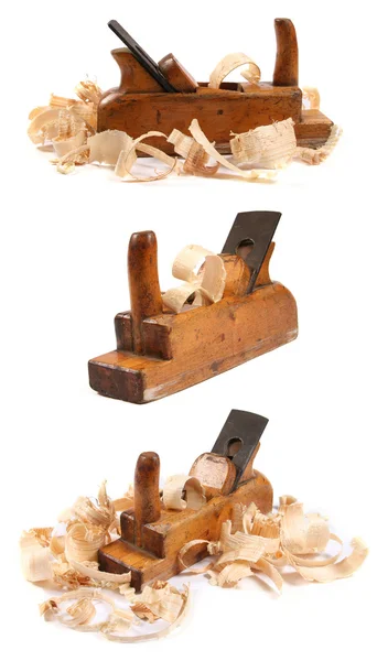 Drie oude houten carpenter's vliegtuigen — Stockfoto
