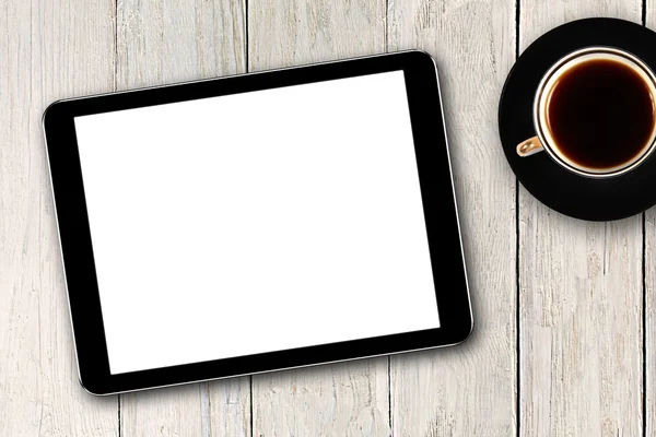 Digitales Tablet und Kaffeetasse auf Holztisch — Stockfoto